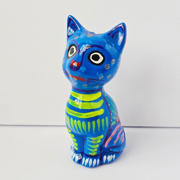 Talavera Pottery Hand Painted Mexican Sitting Cat Bank Figure Blue Folk Art - Picture 1 of 10